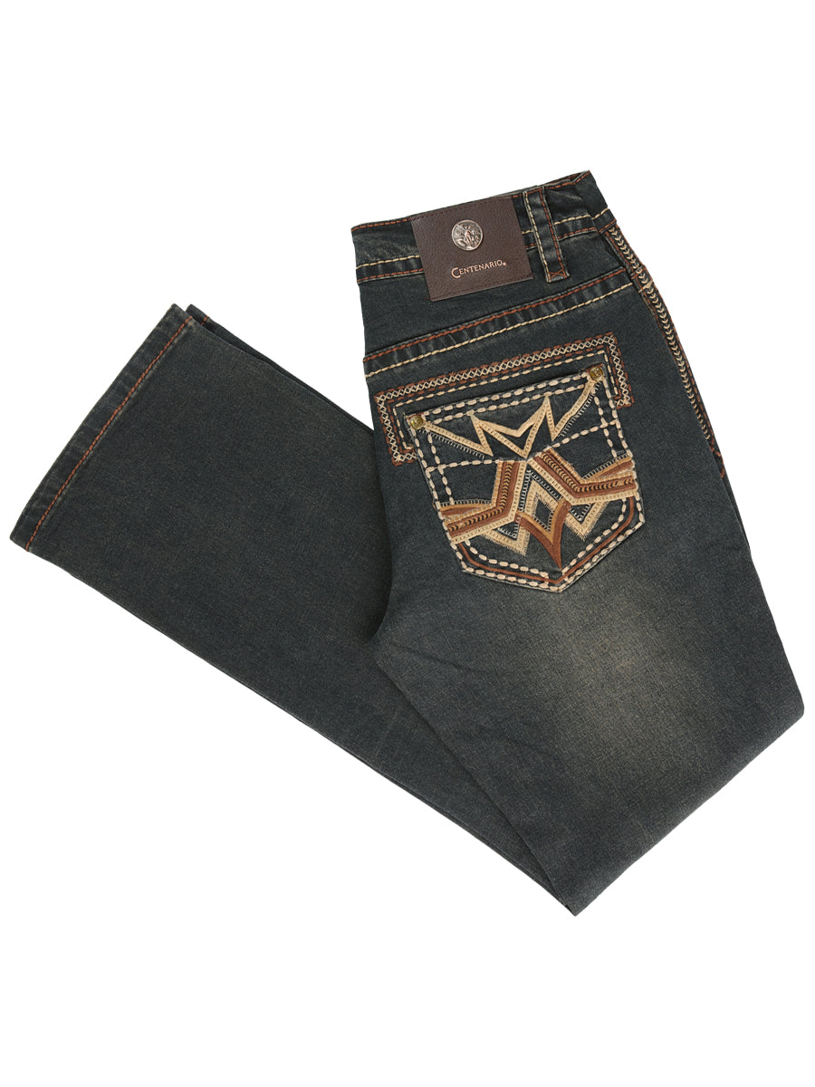 Centenario Men's Black Denim with White/Gray Embroidered Details  45310