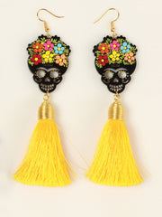Artisanal Hand Painted Earrings Wood-Silk Thread Yellow 602942