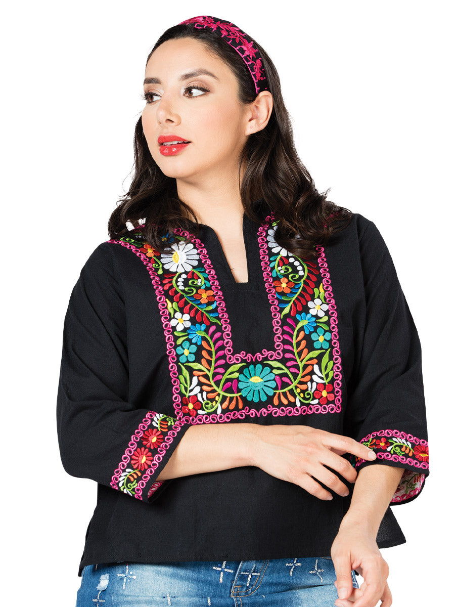 Artisanal Embroidered Blouse 100% Cotton Black 603059