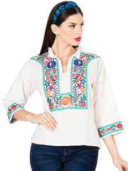 Artisanal Embroidered Blouse 100% Cotton Beige 603060