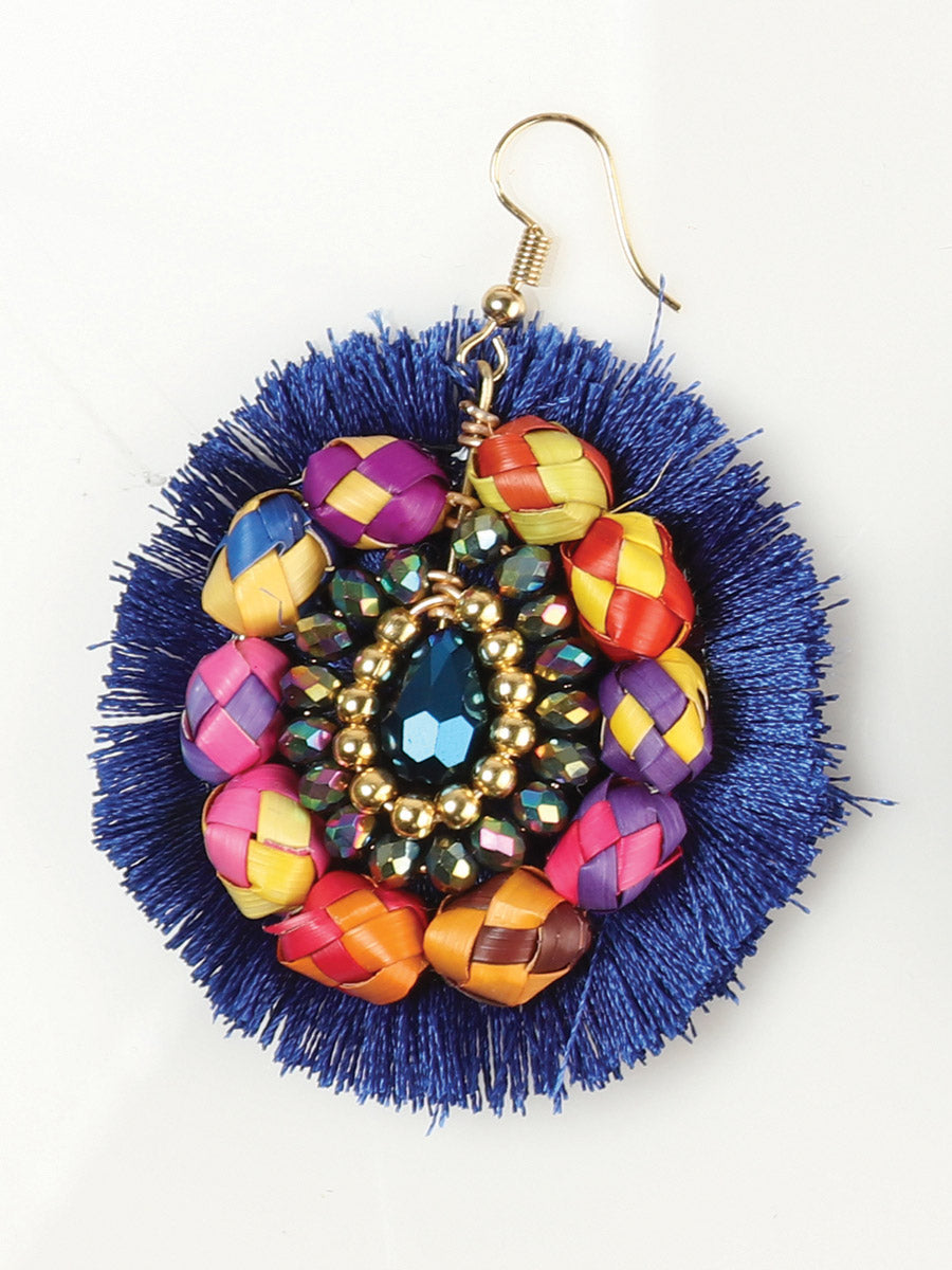 Artisanal Handcrafted Earrings Palm-Silk Thread Royal Blue 603252