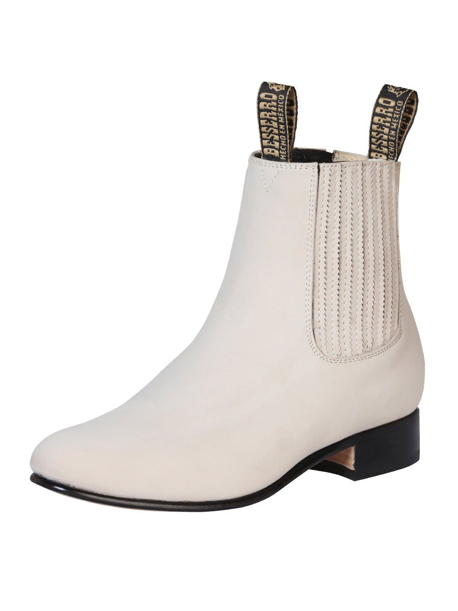El Besserro Charro Men's Leather Cowboy Ankle Boot - Made in Mexico - Nubuck Bone 205