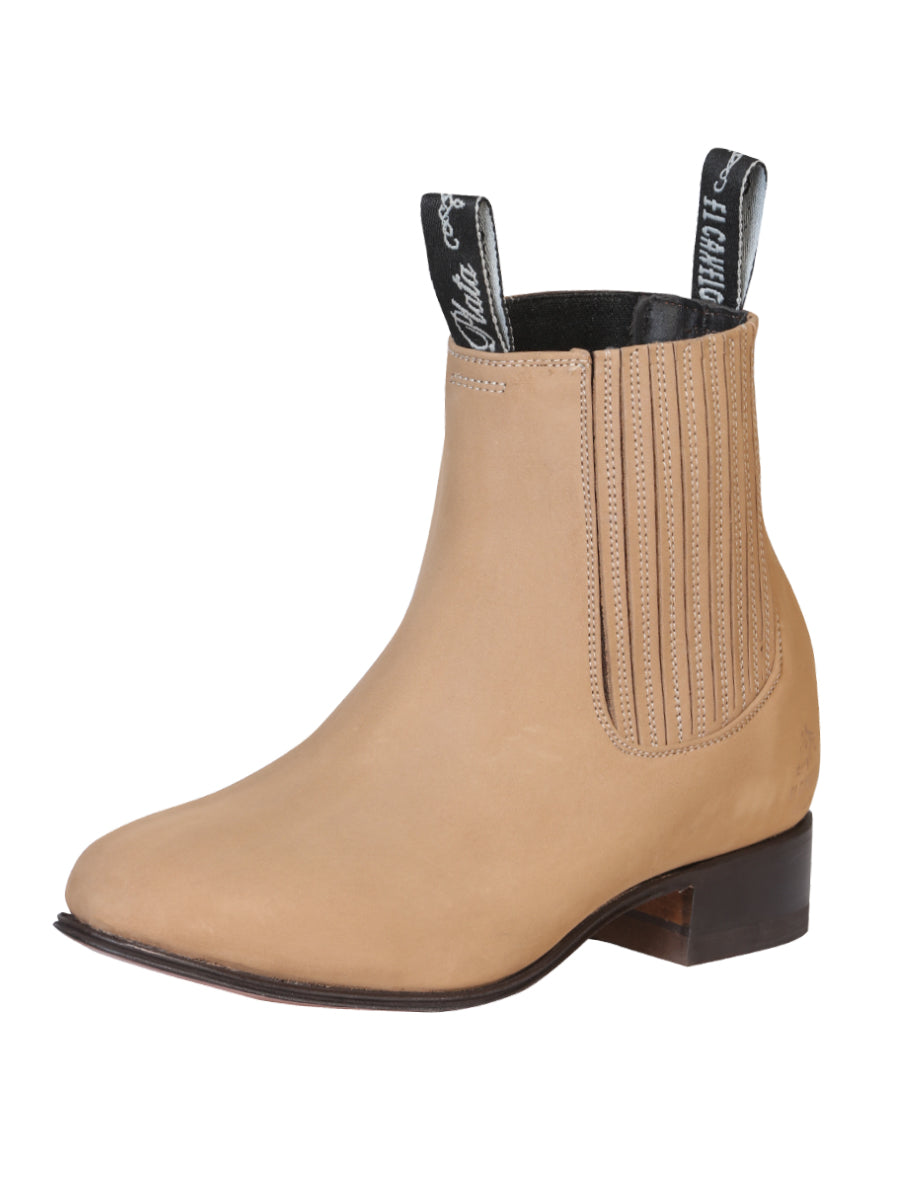 El Canelo "Plata" Men's Charro Ankle Cowboy Boot - Made in Mexico - Suede Beige 230