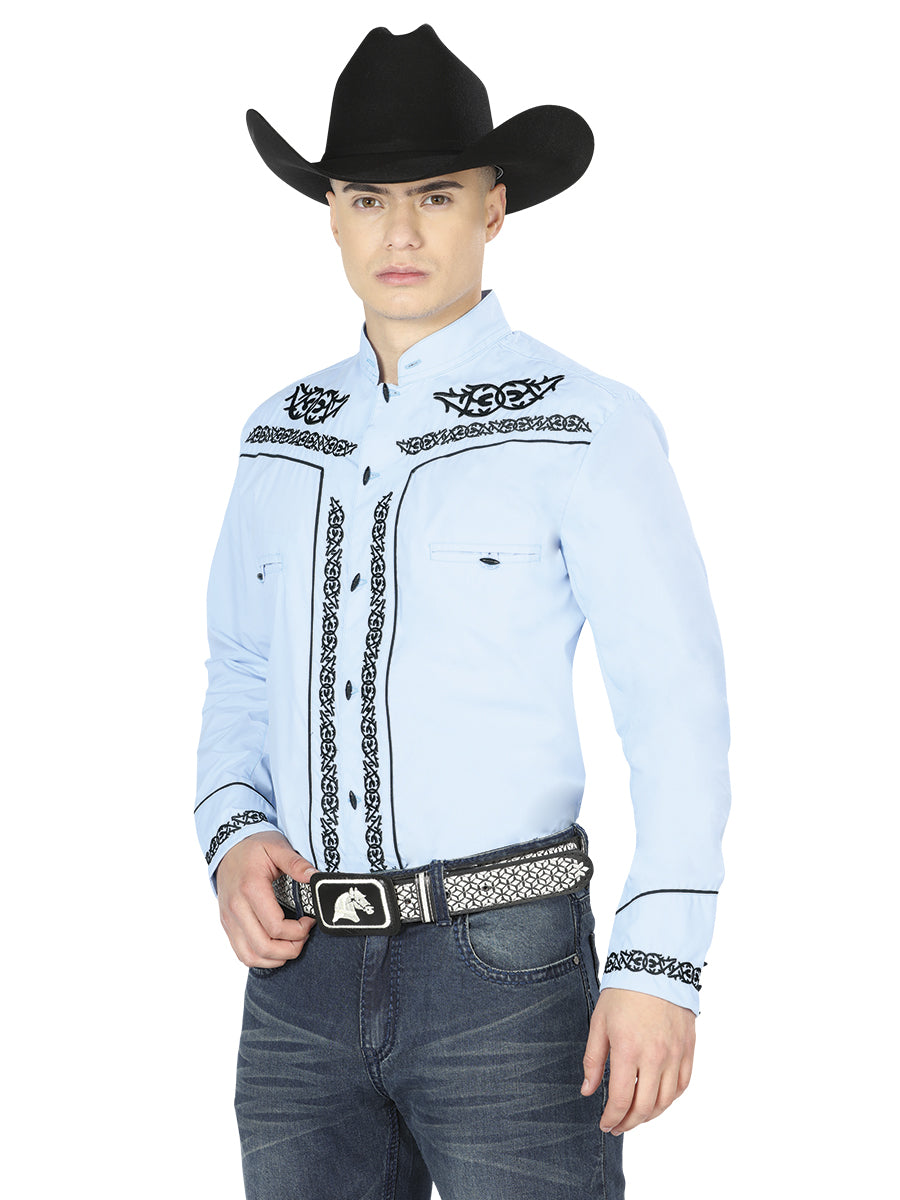 El General Men's Traditional Embroidered Western Charro Shirt Blue/Black 40785