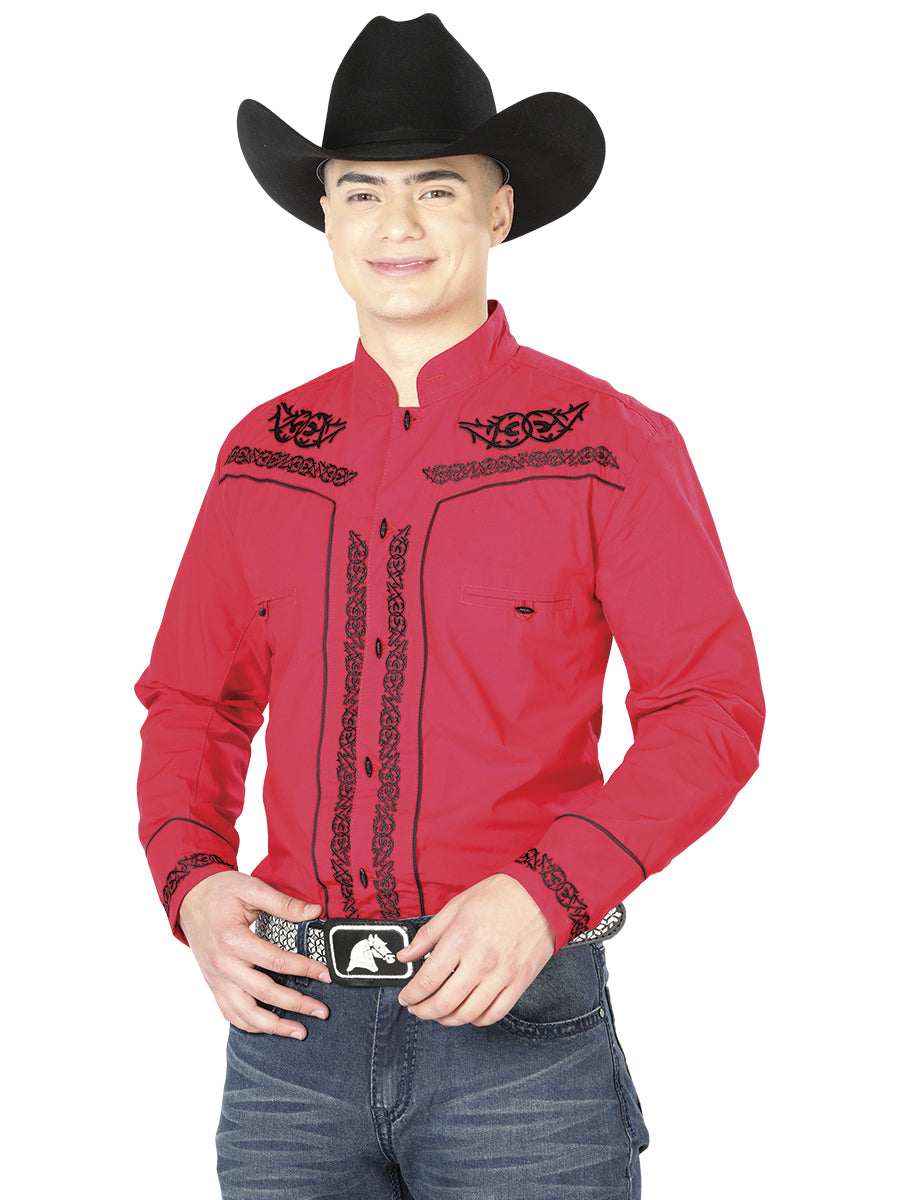 El General Men's Traditional Embroidered Western Charro Shirt Red/Black 40786