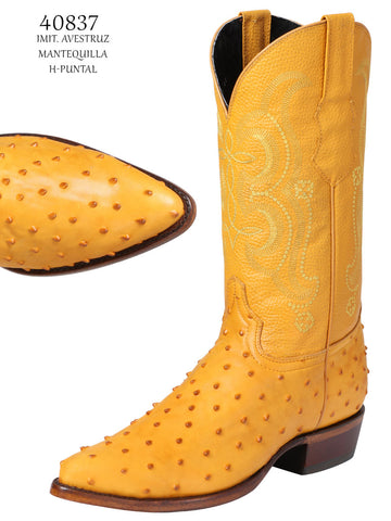 Men's Pointed Toe Leather Cowboy Boots - Made in Mexico - Embossed Ostrich Print - Butter 40837