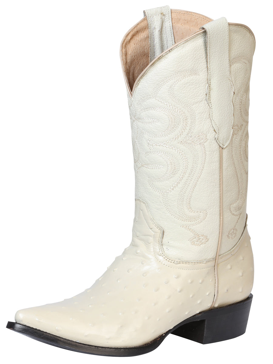 Men’s Pointed Toe Leather Cowboy Boot - Imitation Ostrich Print - Bone White 40839