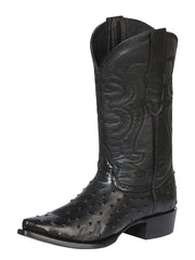 Men’s Snip Toe Leather Cowboy Boot - Imitation Ostrich Print - Black 40848