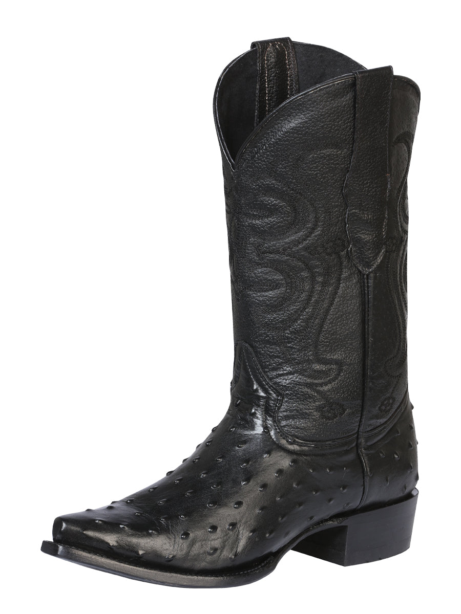 Men’s Snip Toe Leather Cowboy Boot - Imitation Ostrich Print - Black 40848