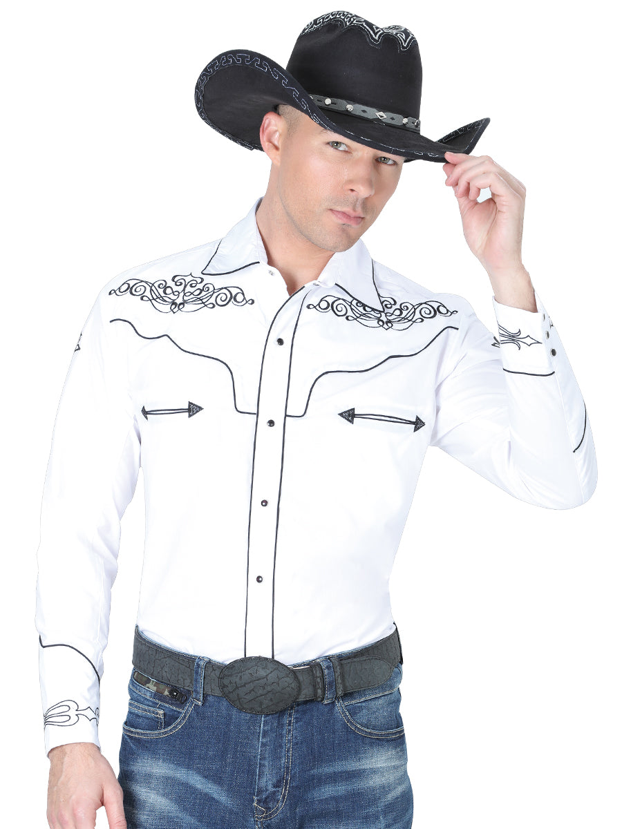El General Men's Traditional Embroidered Western Charro Shirt White/Black 40984