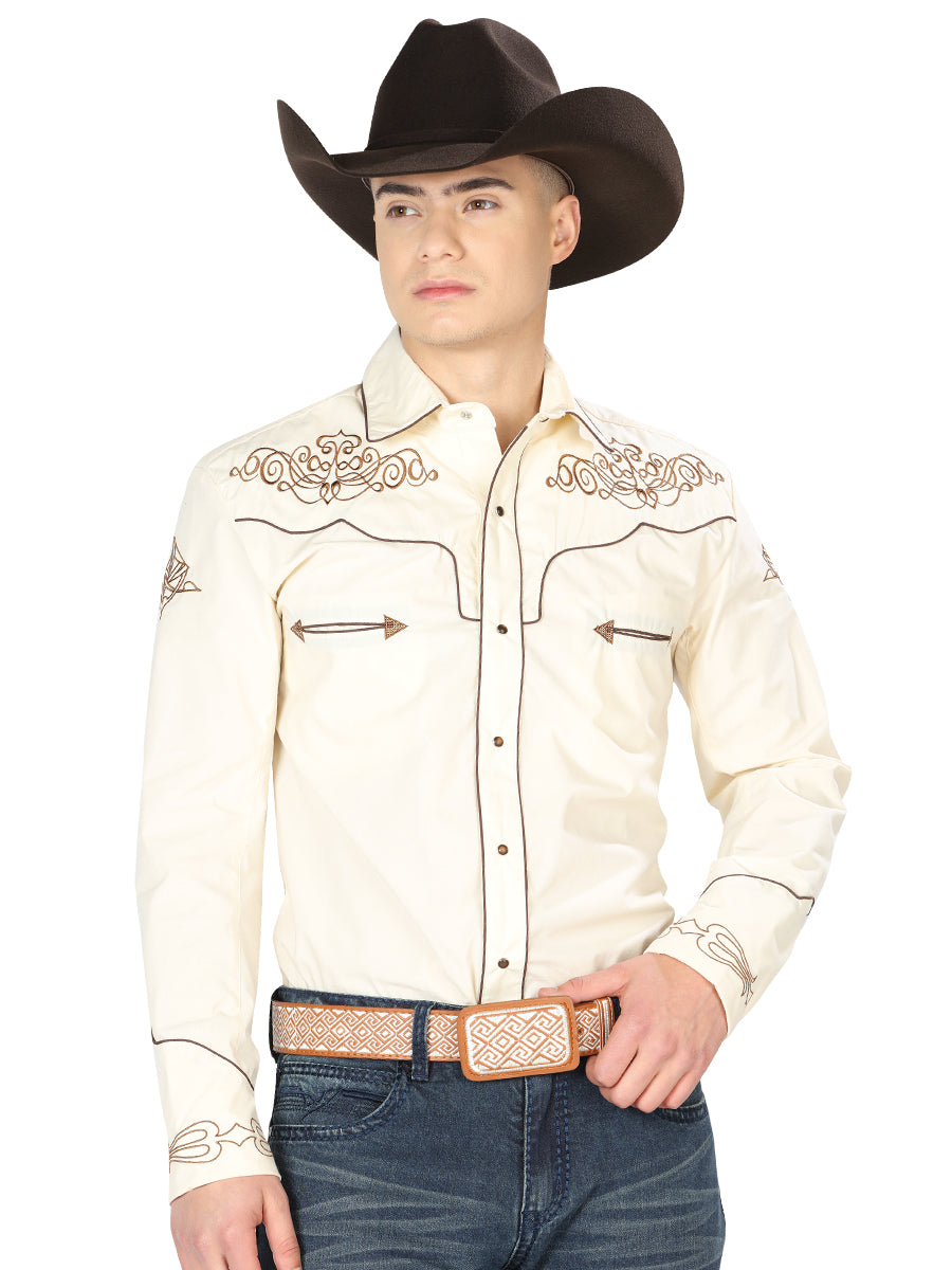 El General Men's Traditional Embroidered Western Shirt Beige/Gold 40986