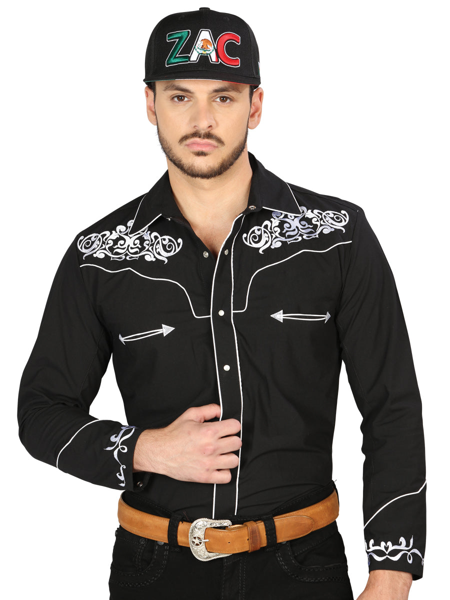 El General Men's Traditional Embroidered Western Charro Shirt Black/White 40987