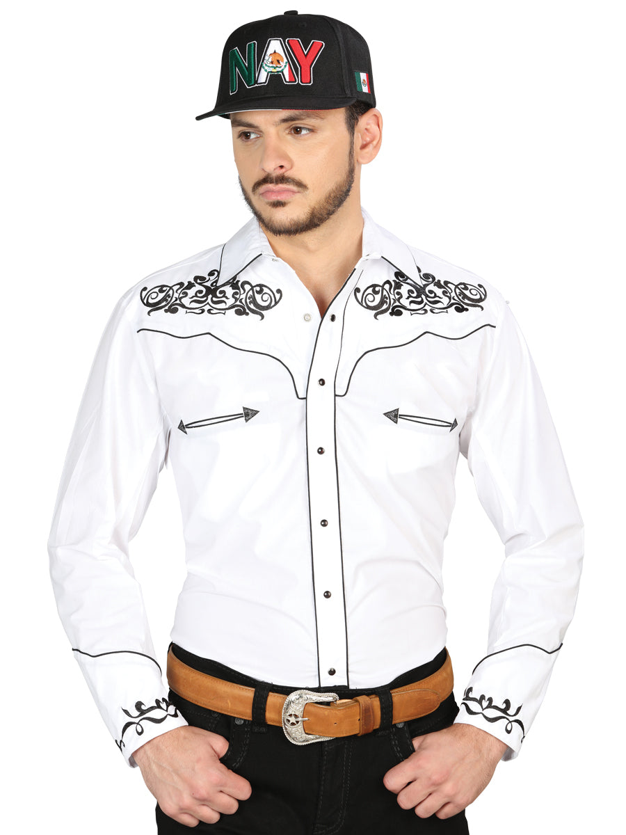 El General Men's Traditional Embroidered Western Charro Shirt White/Black 40988