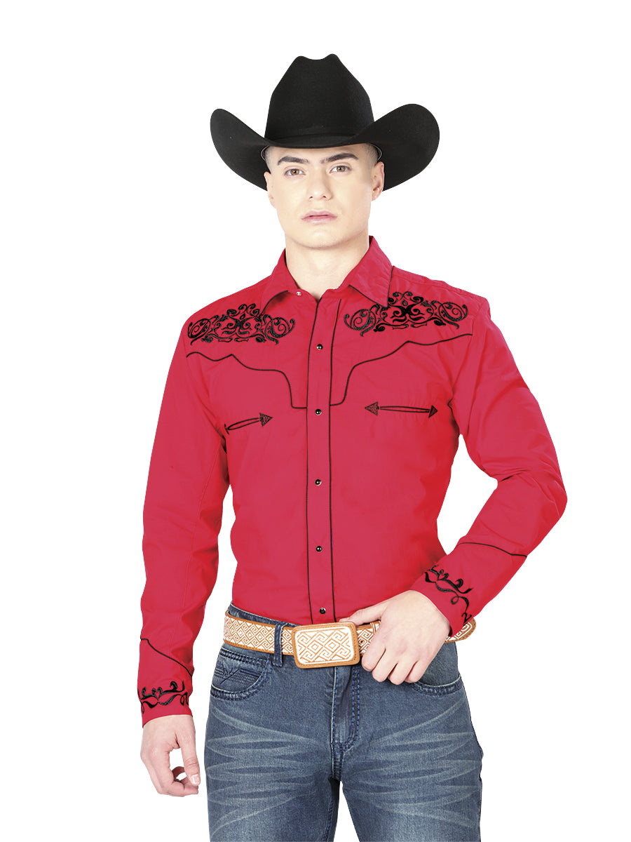 El General Men's Traditional Embroidered Western Charro Shirt Red/Black 40989