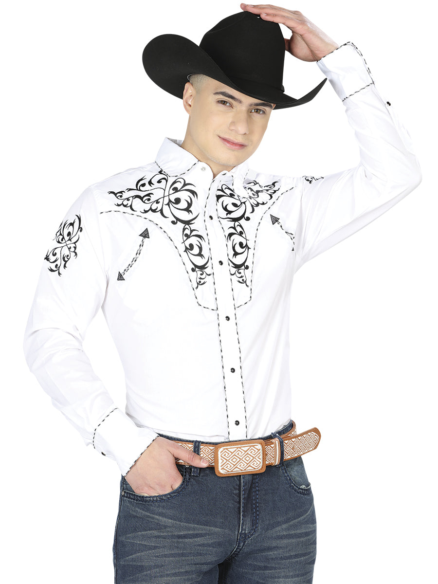 El General Men's Traditional Embroidered Western Charro Shirt White/Black 40991