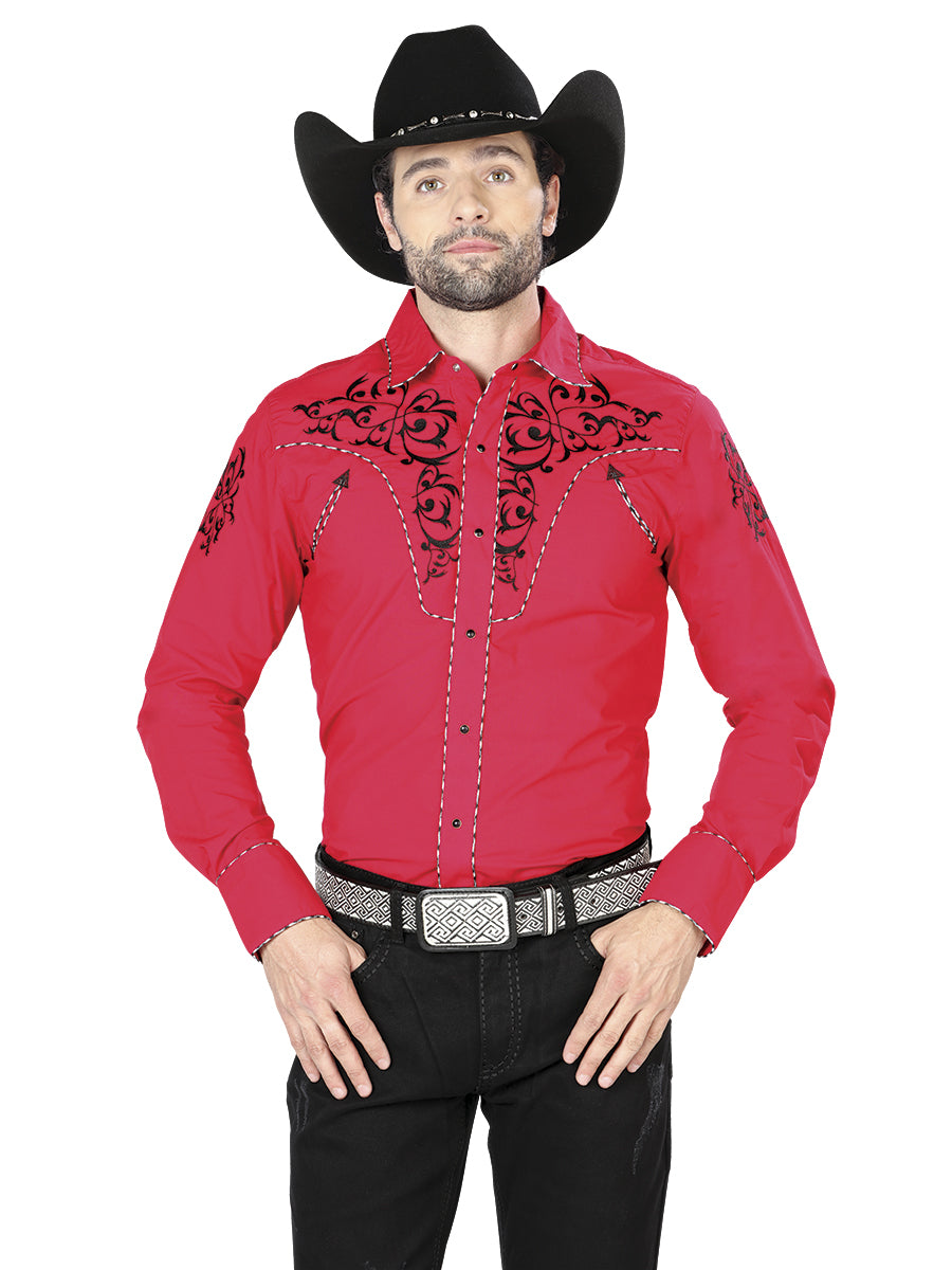 El General Men's Traditional Embroidered Western Charro Shirt Red/Black 40992