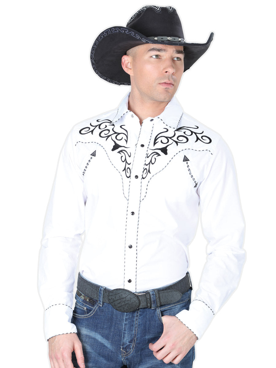 El General Men's Traditional Embroidered Western Charro Shirt White/Black 41004