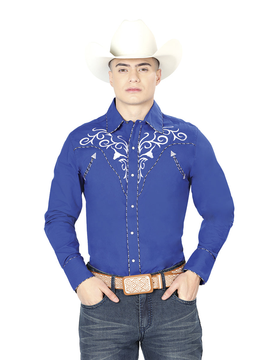 El General Men's Traditional Embroidered Western Charro Shirt Royal Blue/White 41005