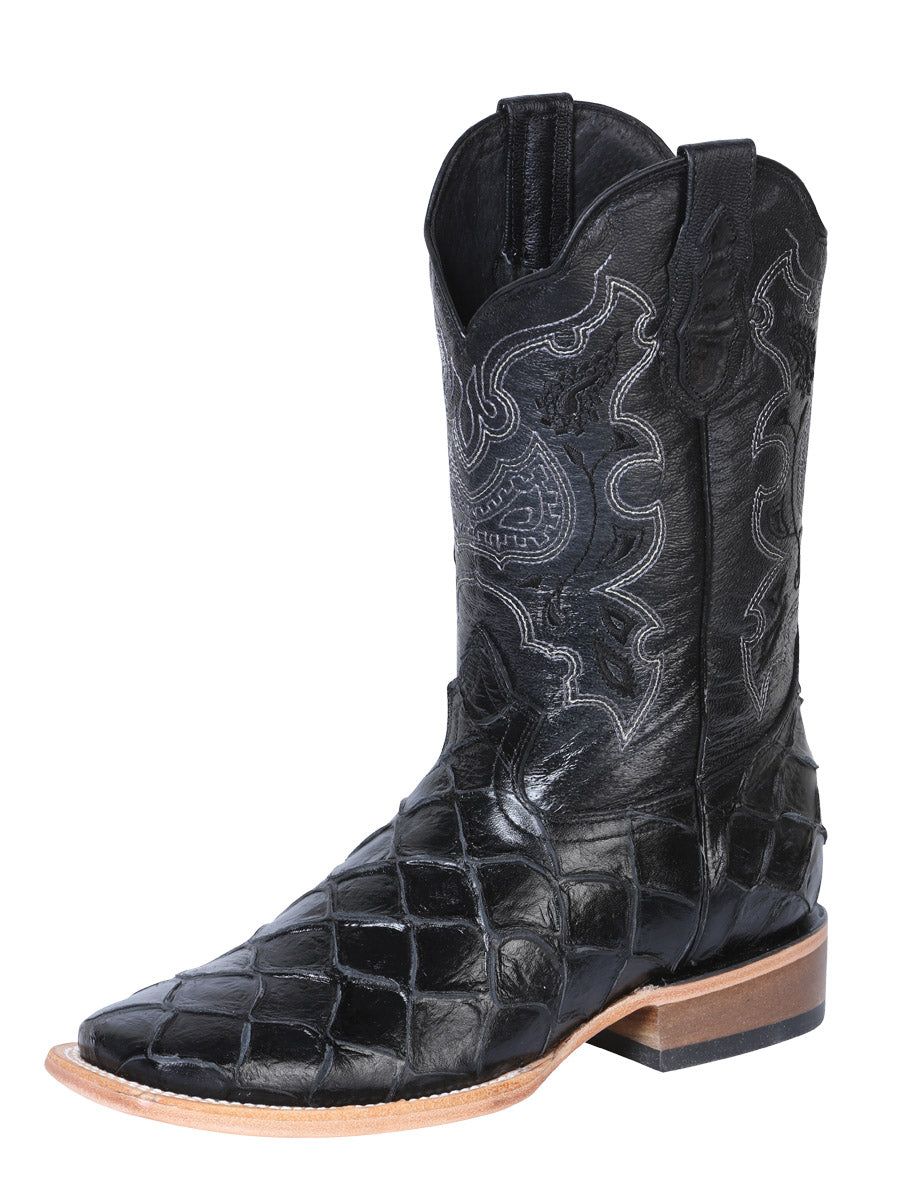 El General Men's Leather Cowboy Boot - Made in Mexico - Embossed Pirarucu Monster Fish Black 41792