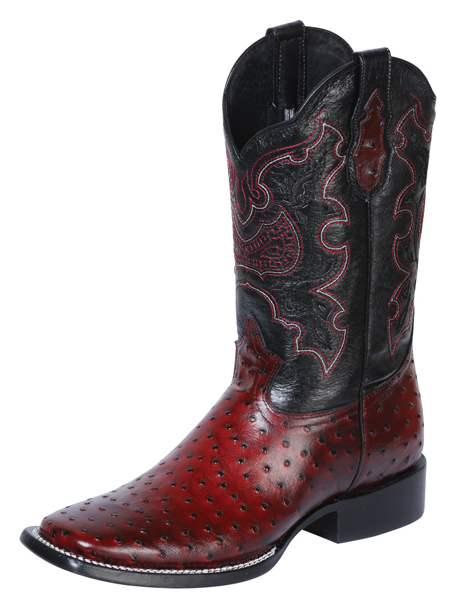 El General Men's Leather Cowboy Boot - Made in Mexico - Embossed Ostrich Black Cherry 41901