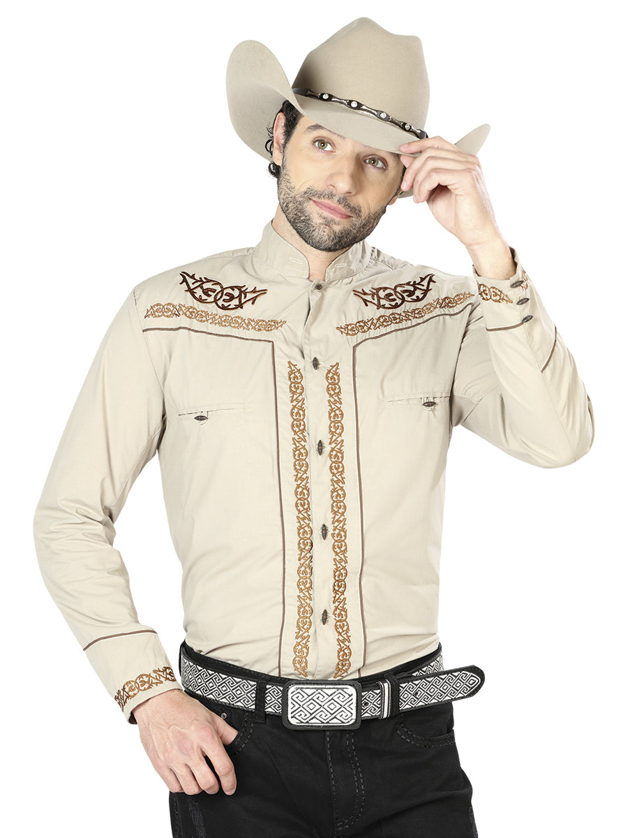 El General Men's Traditional Embroidered Western Shirt Khaki/Brown 42877