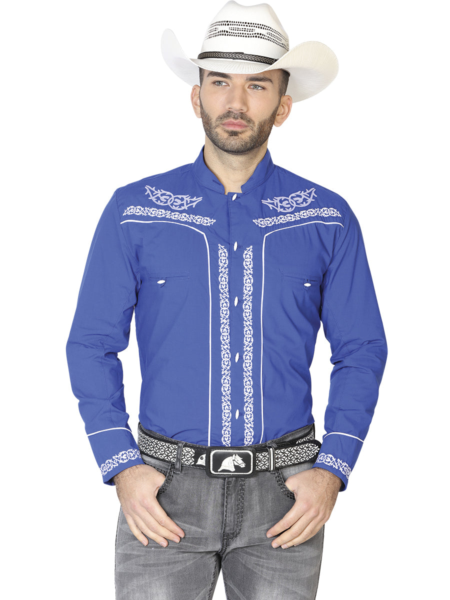 Men's Traditional Embroidered Western Shirt Royal Blue/White 42878