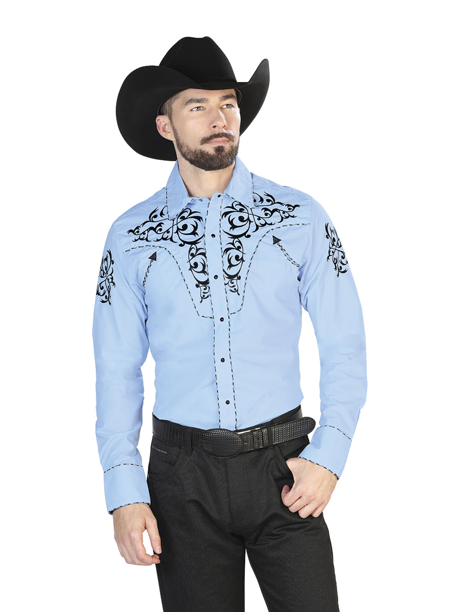 Men's Traditional Embroidered Western Shirt Blue/Black 42887