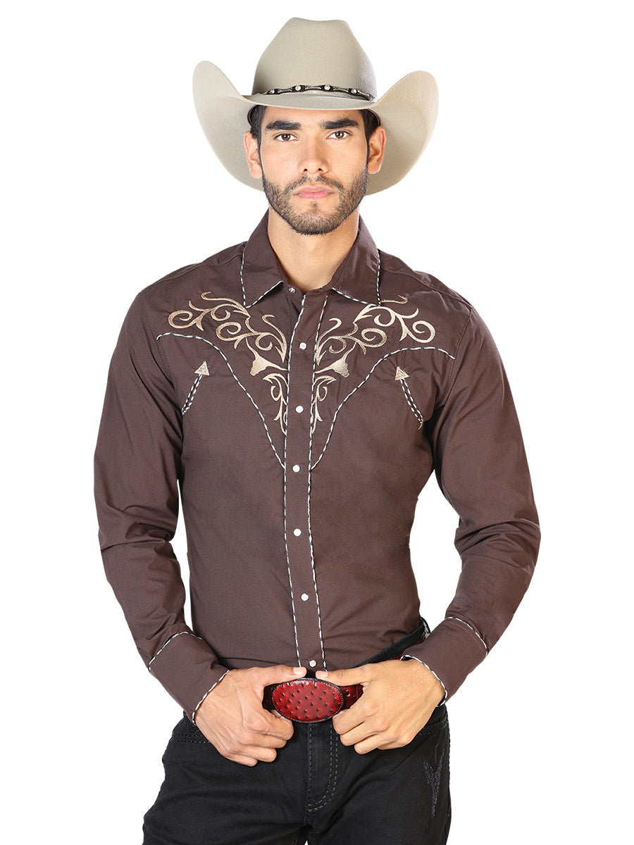 Men's Traditional Embroidered Western Shirt Brown/Gold 42891