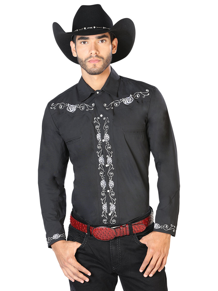Men's Traditional Embroidered Western Shirt Black/White 42937