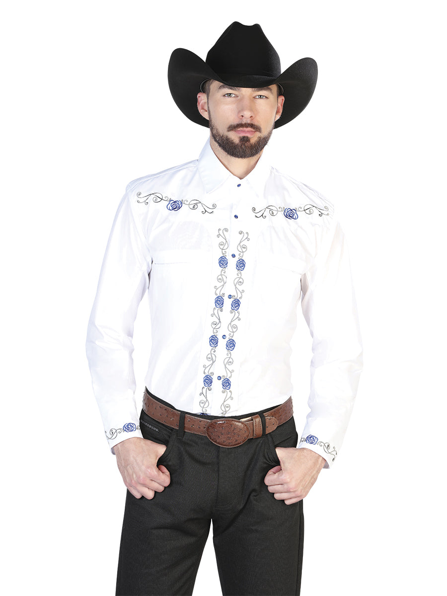 Men's Traditional Embroidered Western Shirt White/Blue 42938