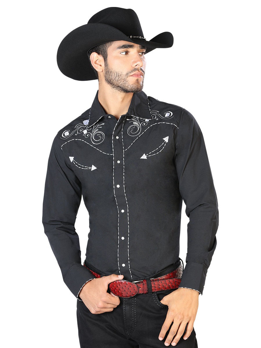 Men's Traditional Embroidered Western Shirt Black/White 42940