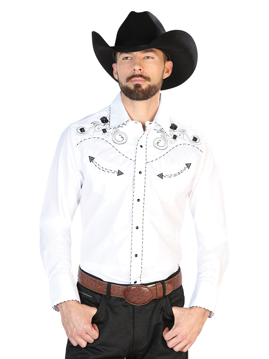 Men's Traditional Embroidered Western Shirt White/Black 42941