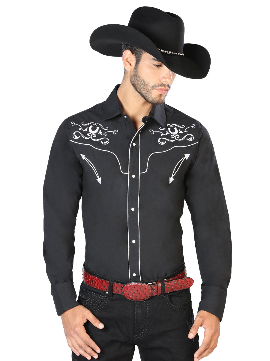 Men's Traditional Embroidered Western Shirt Black/White 42945
