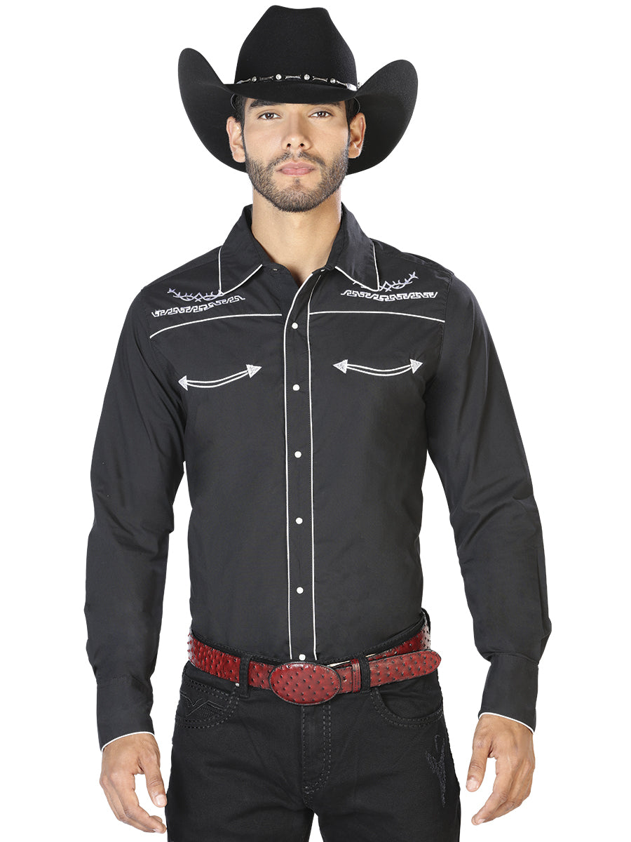 Men's Traditional Embroidered Western Shirt Black/White 42949