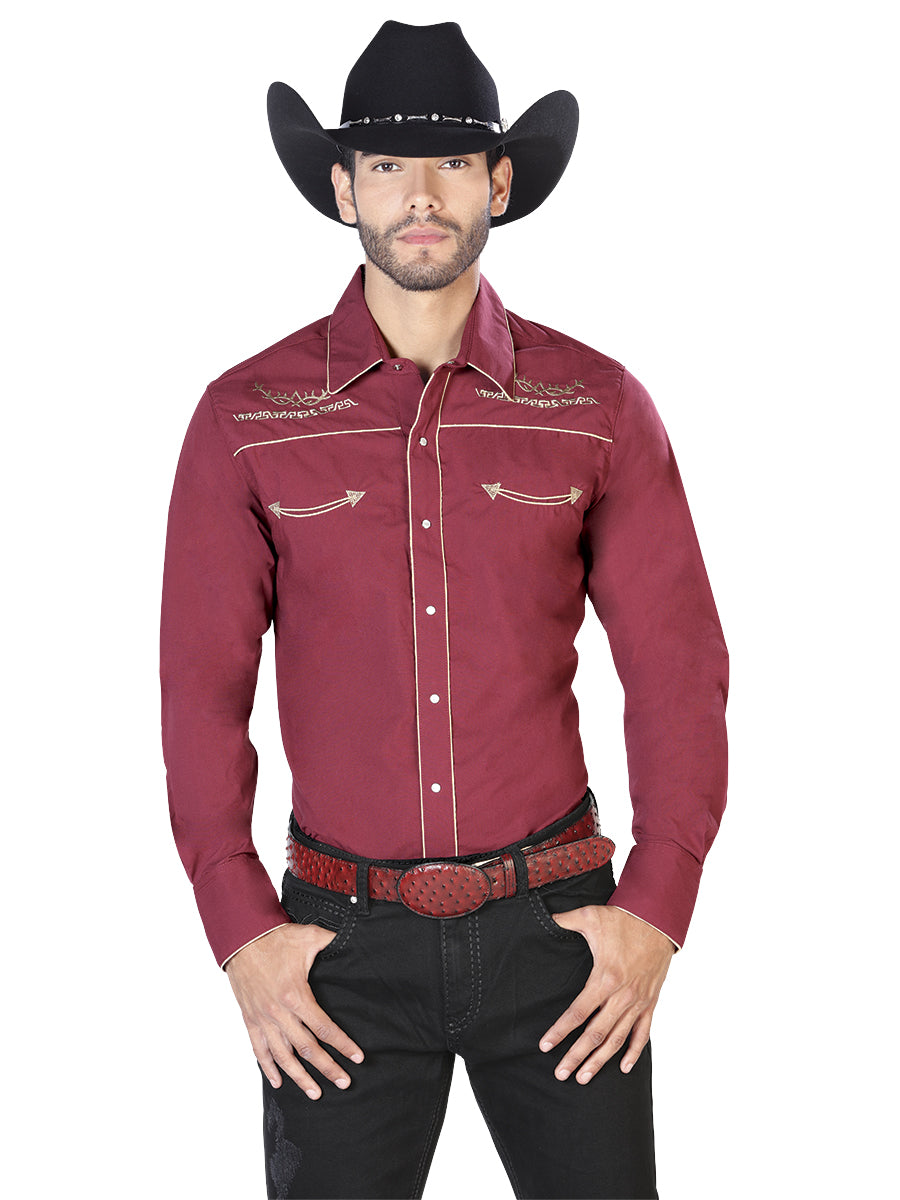Men's Traditional Embroidered Western Shirt Burgandy/Gold 42951