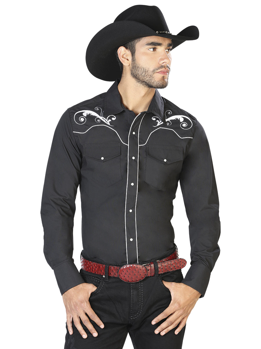 Men's Traditional Embroidered Western Shirt Black/White 42958