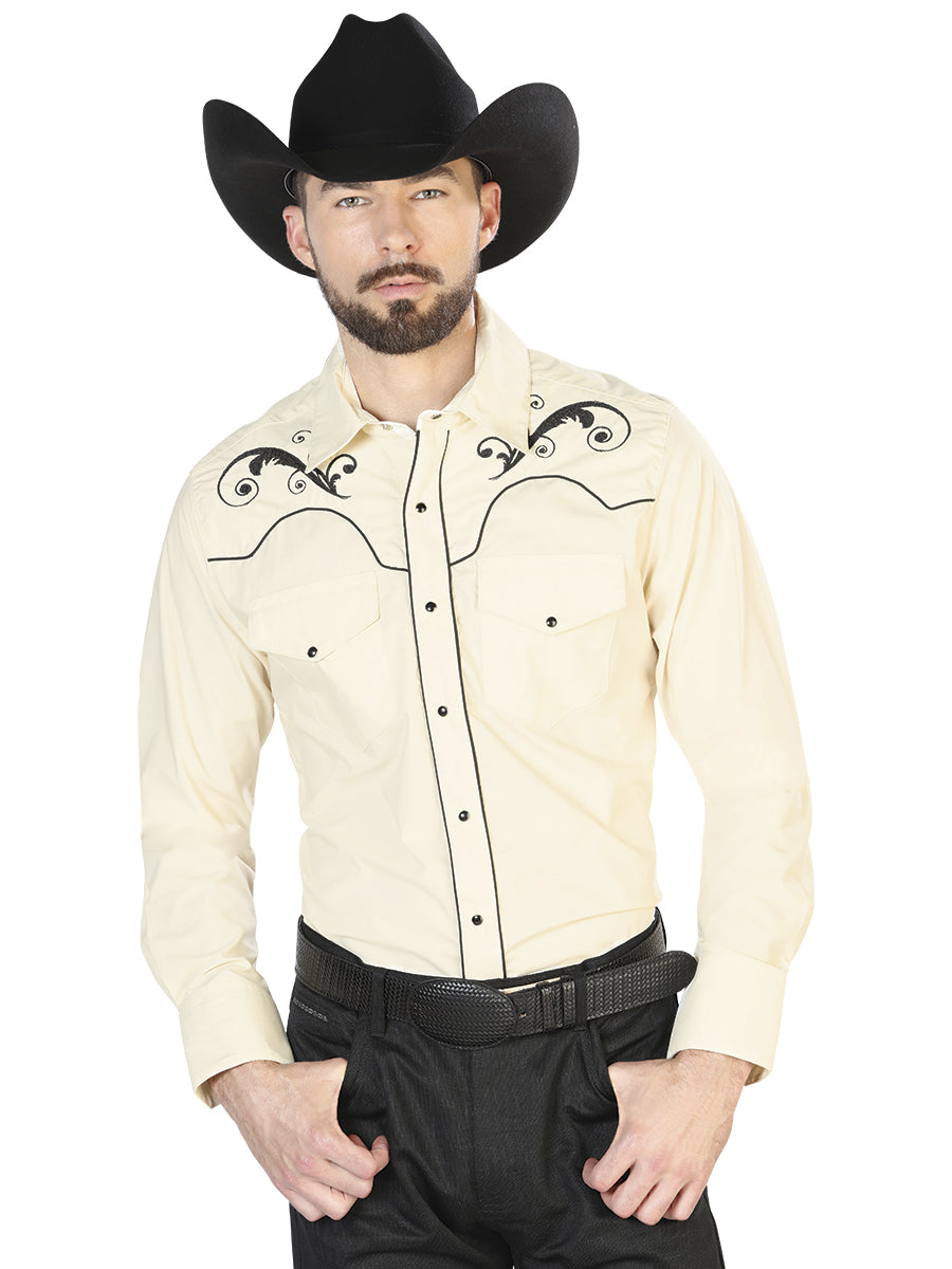 Men's Traditional Embroidered Western Shirt Beige/Black 42960