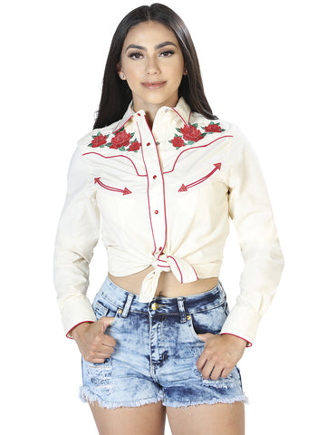 Women's Traditional Embroidered Western Shirt - Beige/Red Floral 42962