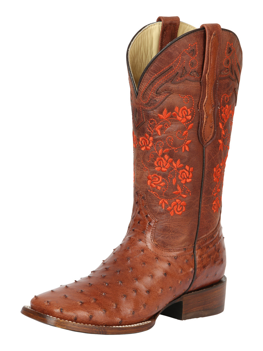 El General Women’s Red Rose of Texas Exotic Ostrich Cowboy Boots - Brandy 43157