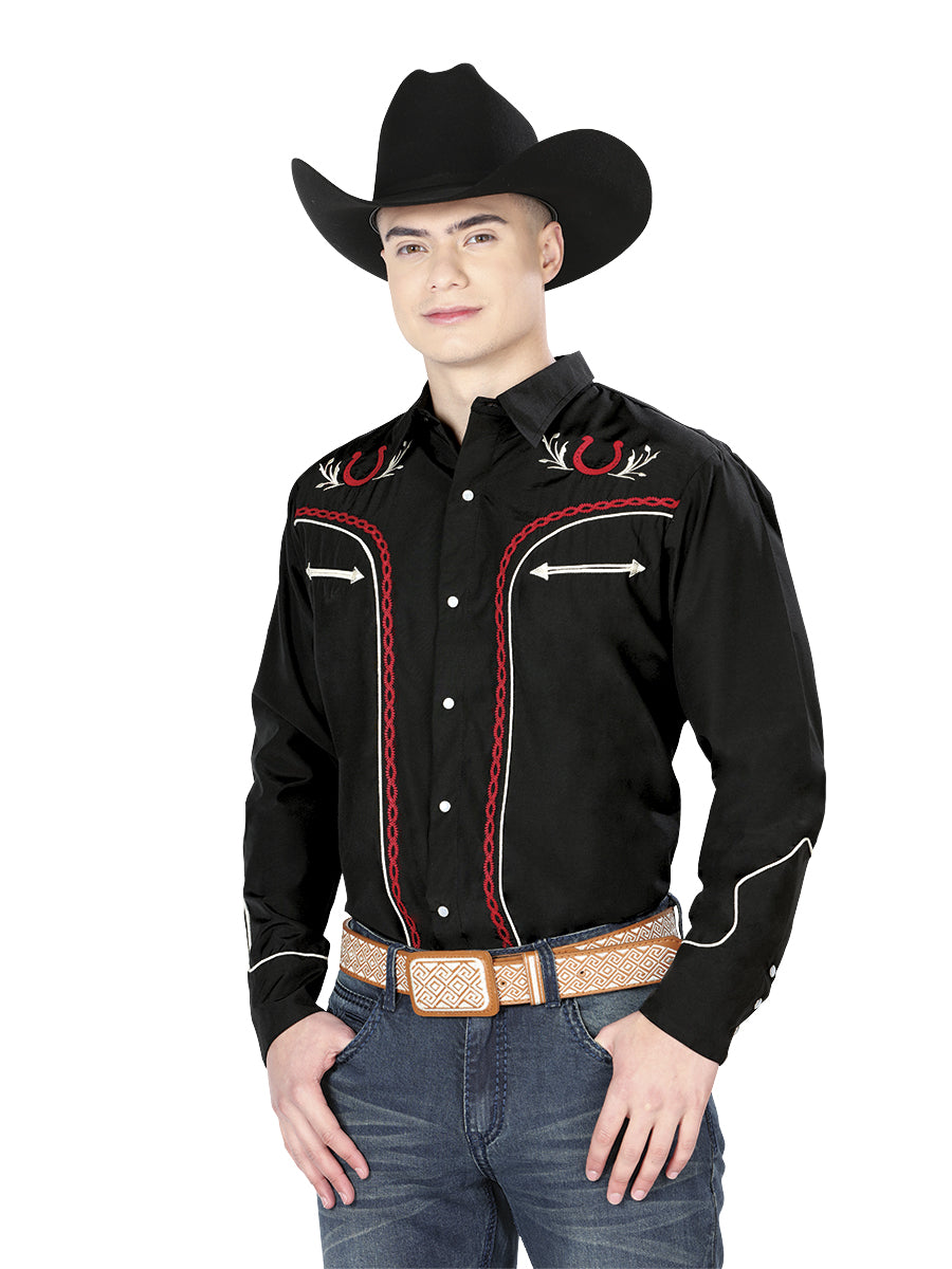 El General Men's Traditional Embroidered Western Charro Shirt Black/Red 43293