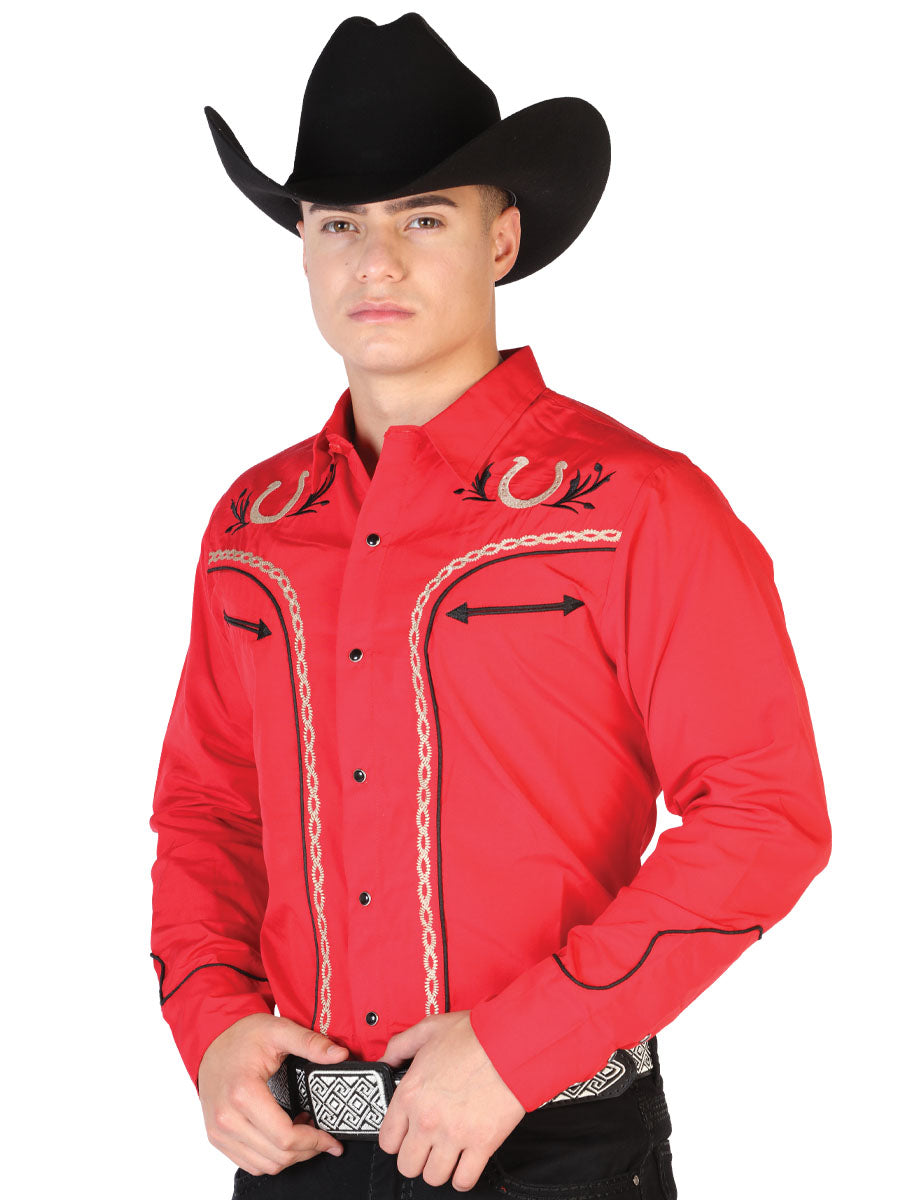 El General Men's Traditional Embroidered Western Charro Shirt Red/Black 43294