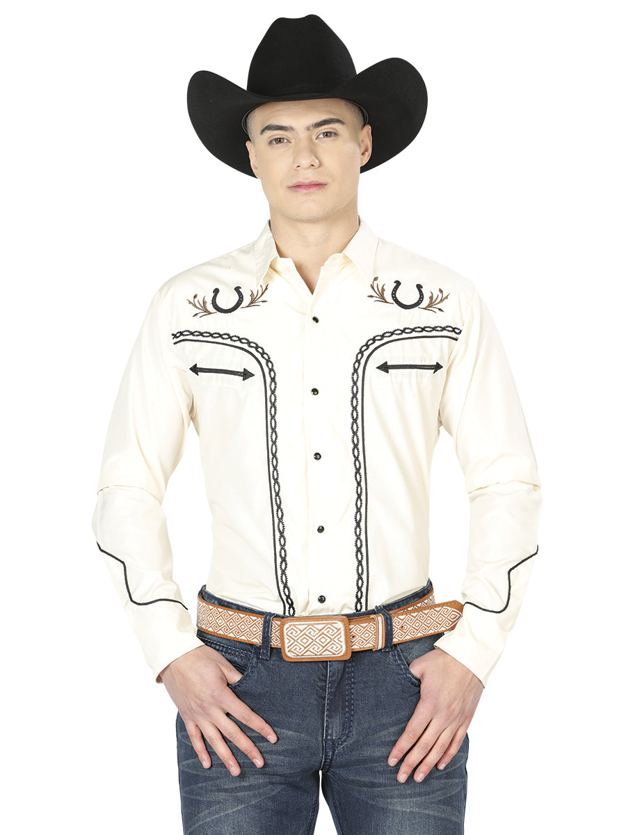 El General Men's Traditional Embroidered Western Charro Shirt Beige/Black 43295