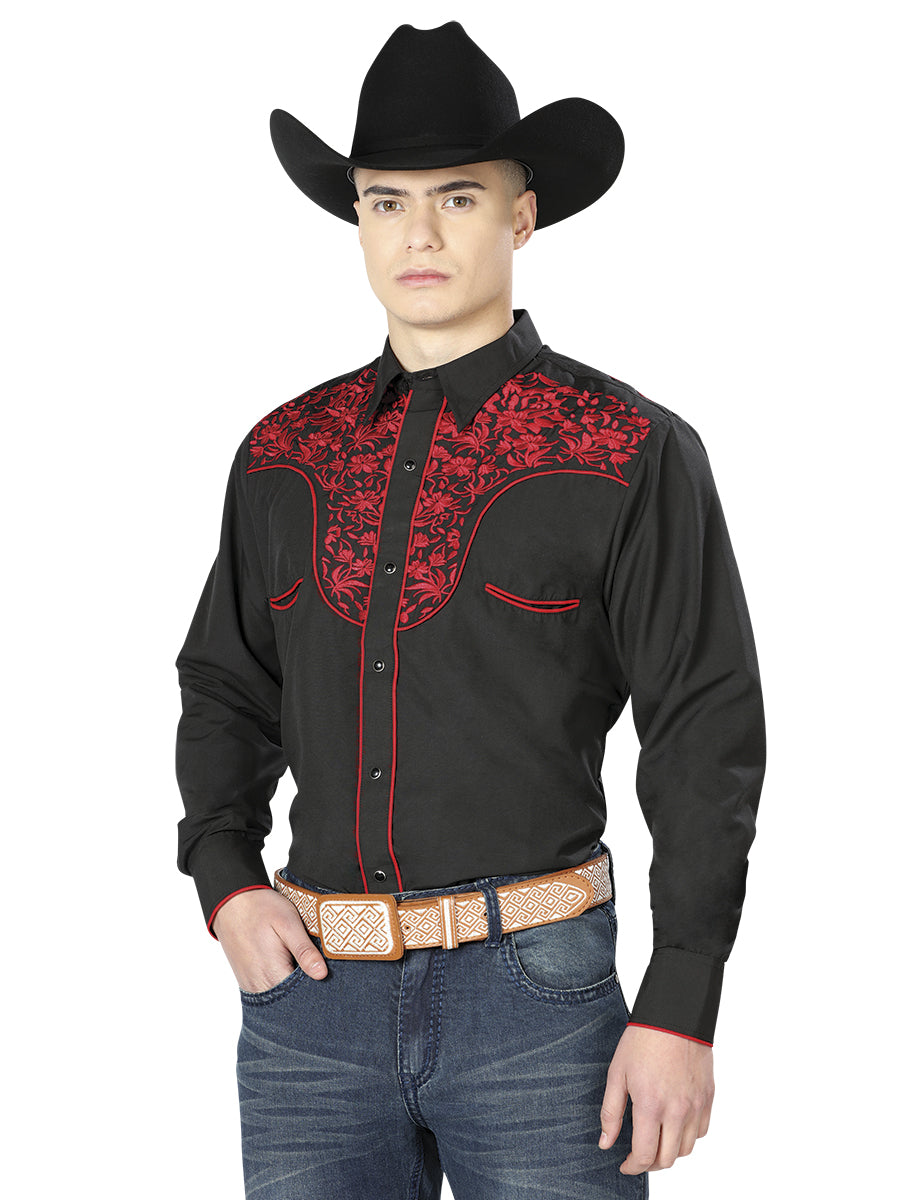 El General Men's Traditional Embroidered Western Charro Shirt - Black/Red 43297