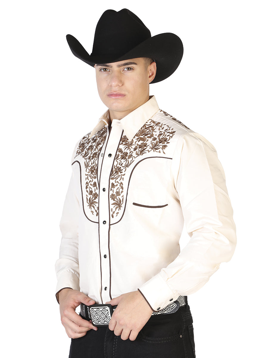 El General Men's Traditional Embroidered Western Charro Shirt - Beige/Gold 43299
