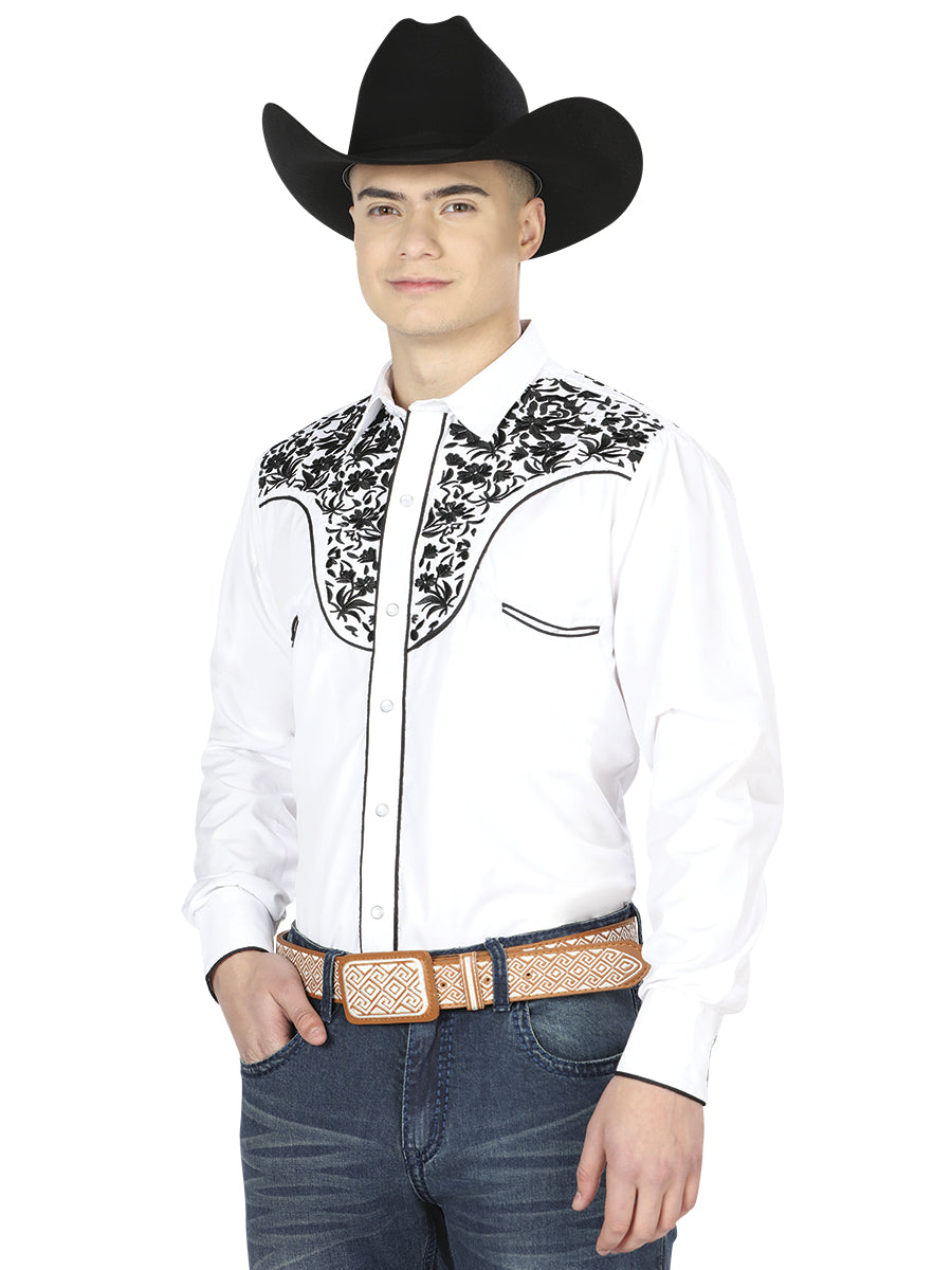 El General Men's Traditional Embroidered Western Charro Shirt - White/Black 43300