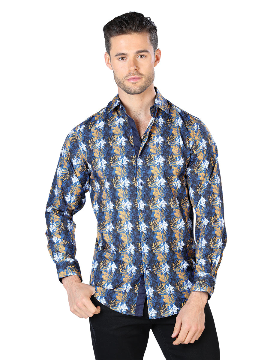 Camisa Azul Informal de Manga Larga 44046
