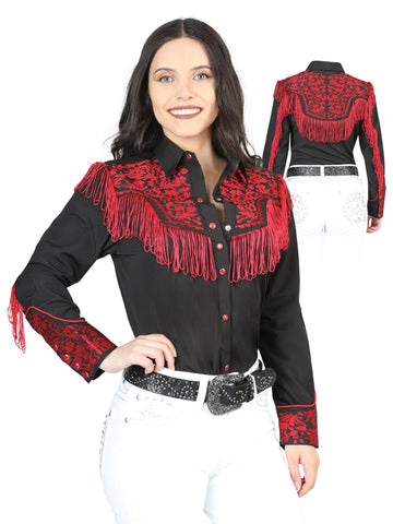 Women's Traditional Embroidered Western Shirt - Fringe Black/Red 44178