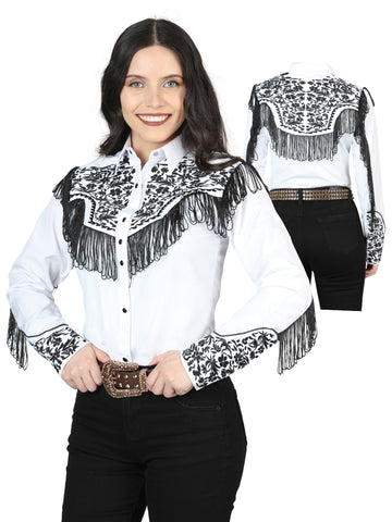 Women's Traditional Embroidered Western Shirt - Fringe White/Black 44179