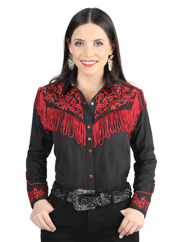 Women's Traditional Embroidered Western Shirt - Fringe Black/Red 44181