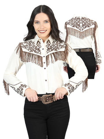 Women's Traditional Embroidered Western Shirt - Fringe Beige/Brown 44183